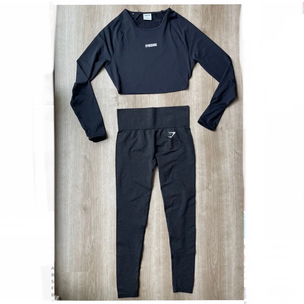 Gymshark Vital Seamless Black Crop Top & Leggings Set - Size SMALL